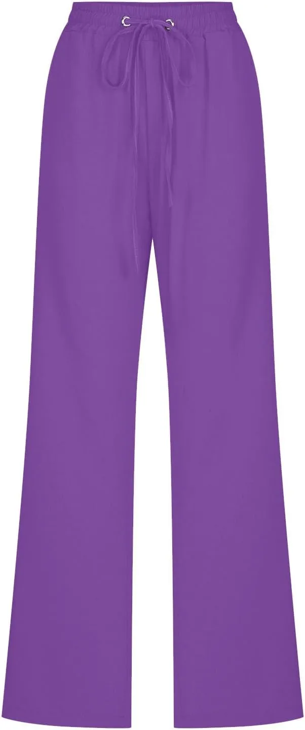 Lmdudan 2025 Women's Cotton Linen Straight Leg Pants Elastic Drawstring Casual Trousers with Pockets Summer Beach Lounge Pant
