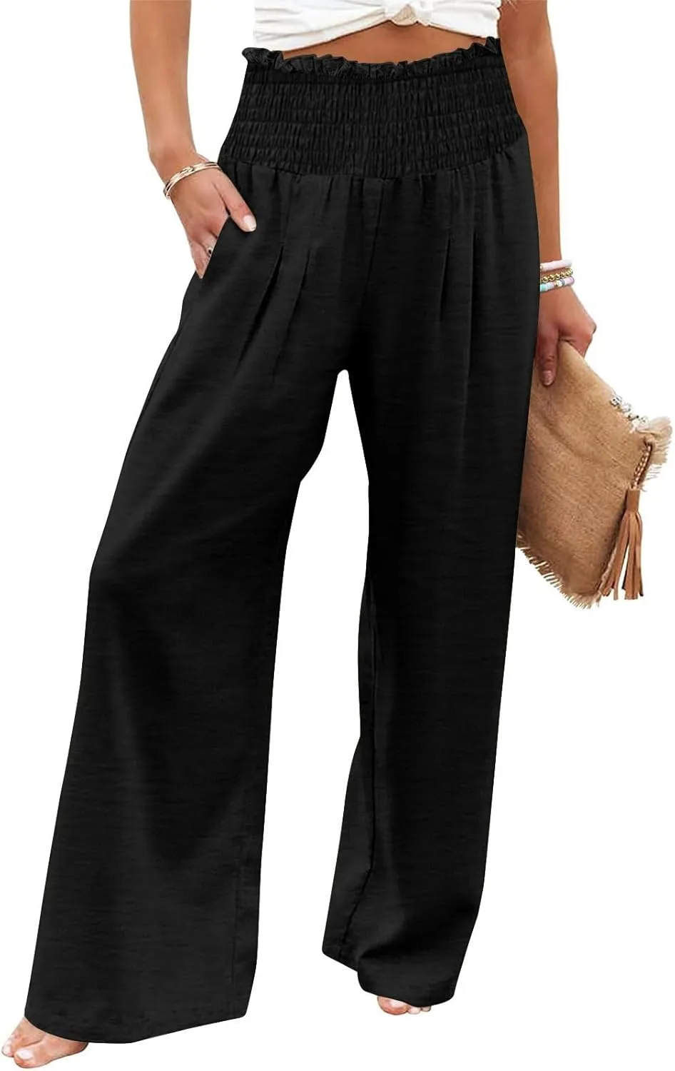 Lmdudan Tummy Control Cotton Linen Pants for Women High Waisted Lounge Pants Casual Wide Leg Trouser Sweatpants with Pockets