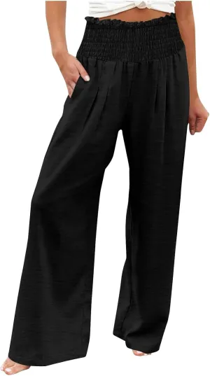 Lmdudan Tummy Control Cotton Linen Pants for Women High Waisted Lounge Pants Casual Wide Leg Trouser Sweatpants with Pockets