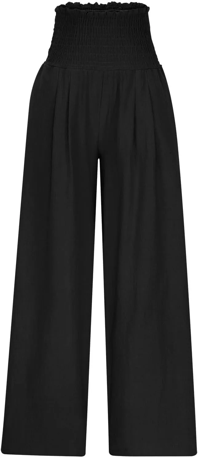 Lmdudan Tummy Control Cotton Linen Pants for Women High Waisted Lounge Pants Casual Wide Leg Trouser Sweatpants with Pockets