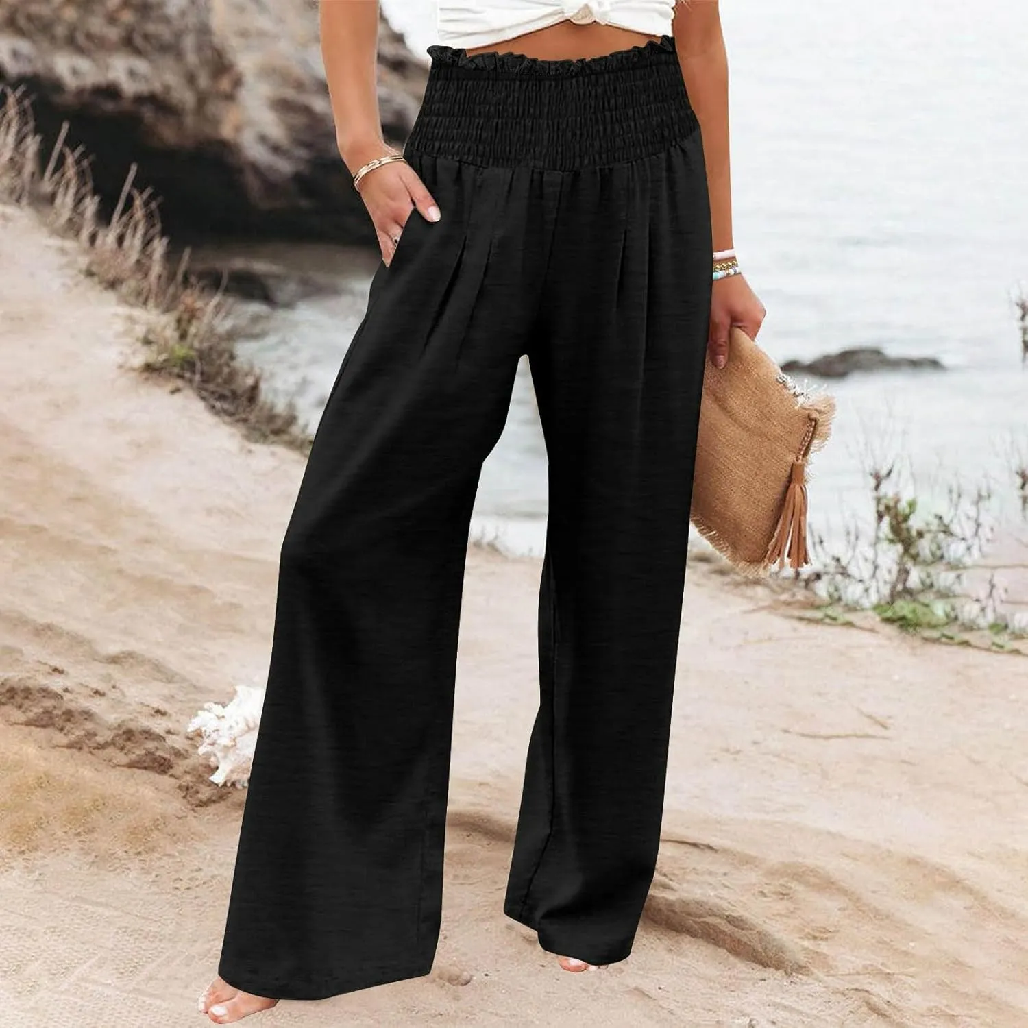 Lmdudan Tummy Control Cotton Linen Pants for Women High Waisted Lounge Pants Casual Wide Leg Trouser Sweatpants with Pockets