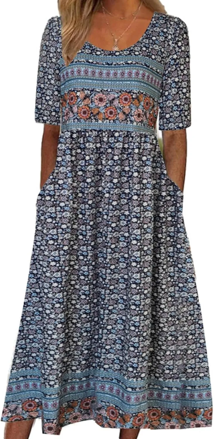 LOAIHA Floral Midi Dress for Women Short Sleeve Flowy Dresses with Pockets Linen Dress Plus Size Summer Loose Boho Sundress
