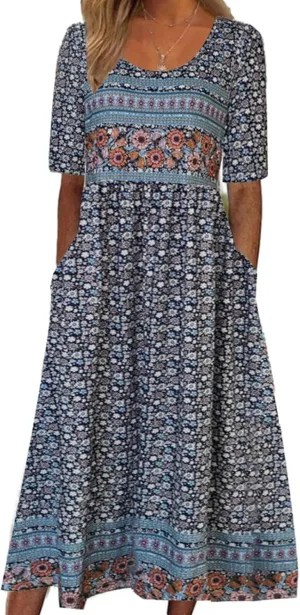 LOAIHA Floral Midi Dress for Women Short Sleeve Flowy Dresses with Pockets Linen Dress Plus Size Summer Loose Boho Sundress