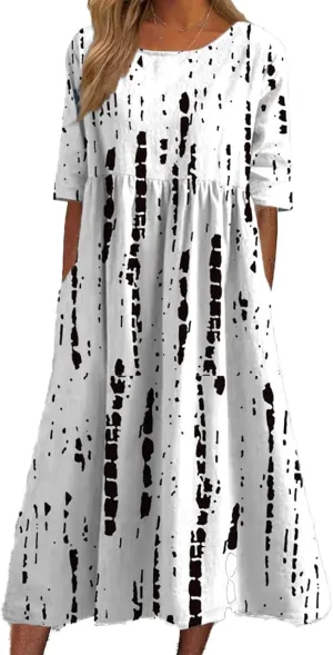 LOAIHA Floral Midi Dress for Women Short Sleeve Flowy Dresses with Pockets Linen Dress Plus Size Summer Loose Boho Sundress