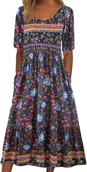 LOAIHA Floral Midi Dress for Women Short Sleeve Flowy Dresses with Pockets Linen Dress Plus Size Summer Loose Boho Sundress