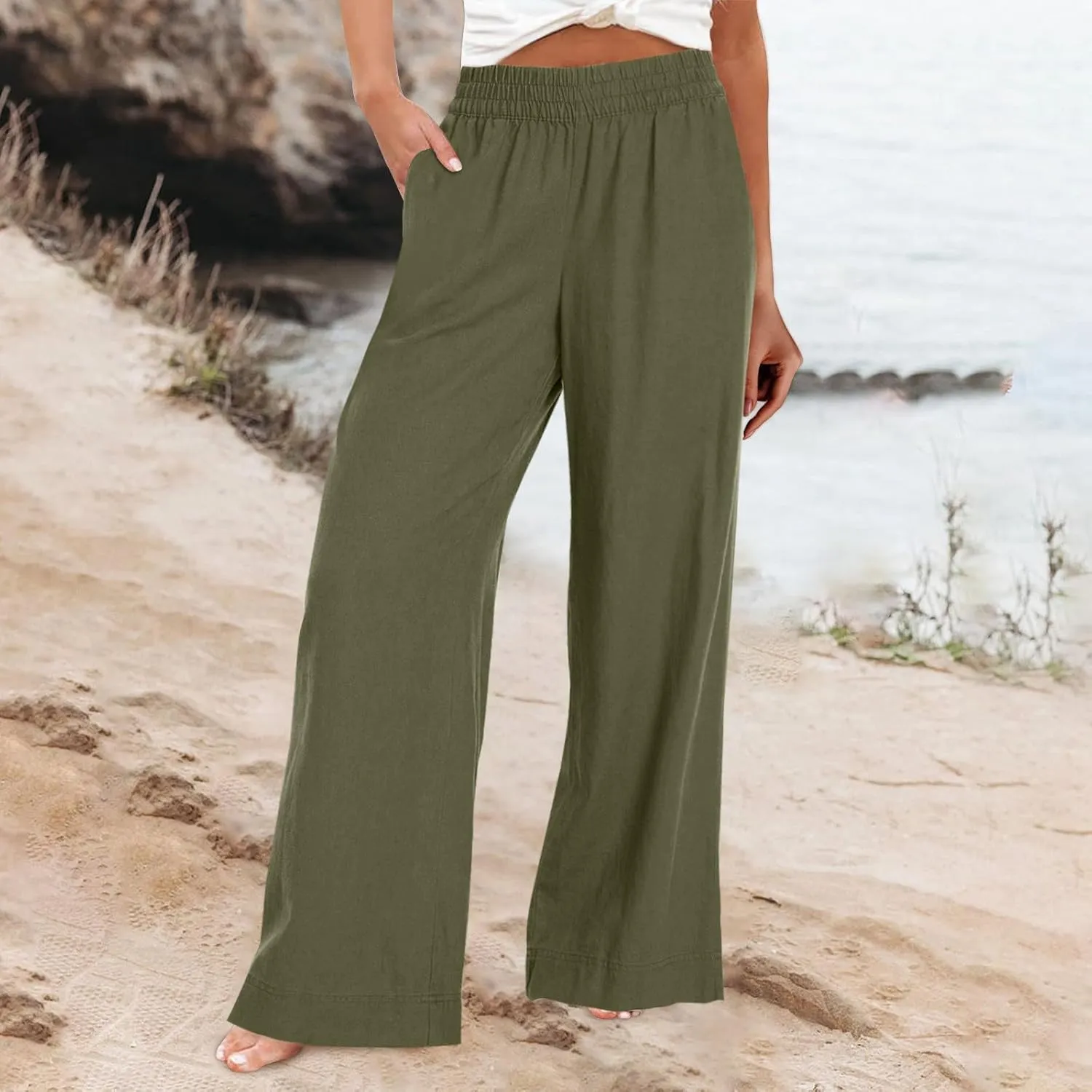 Long Palazzo Pants for Women Outfits 2025 Flowy Pants with Pockets High Waist Slim Lightweight Solid Straight Leg Sweatpants