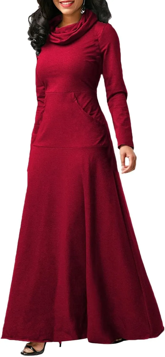 Long Sleeve Hooded Loose Maxi Dress for Women Turtleneck Solid Color Pullover Hoodie Dresses