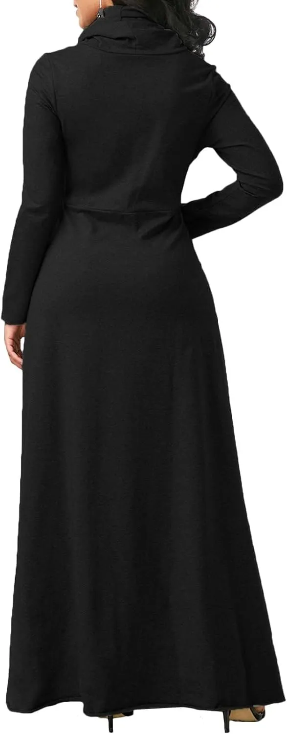 Long Sleeve Hooded Loose Maxi Dress for Women Turtleneck Solid Color Pullover Hoodie Dresses
