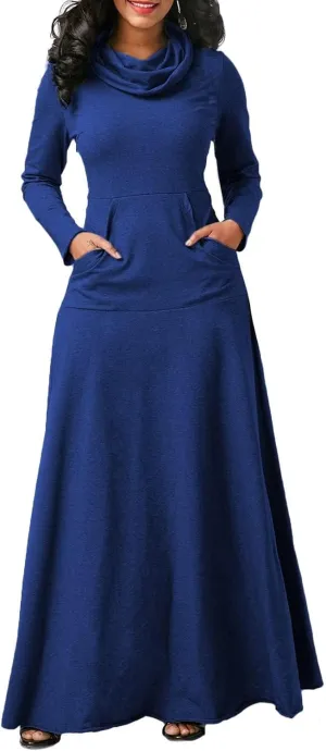 Long Sleeve Hooded Loose Maxi Dress for Women Turtleneck Solid Color Pullover Hoodie Dresses