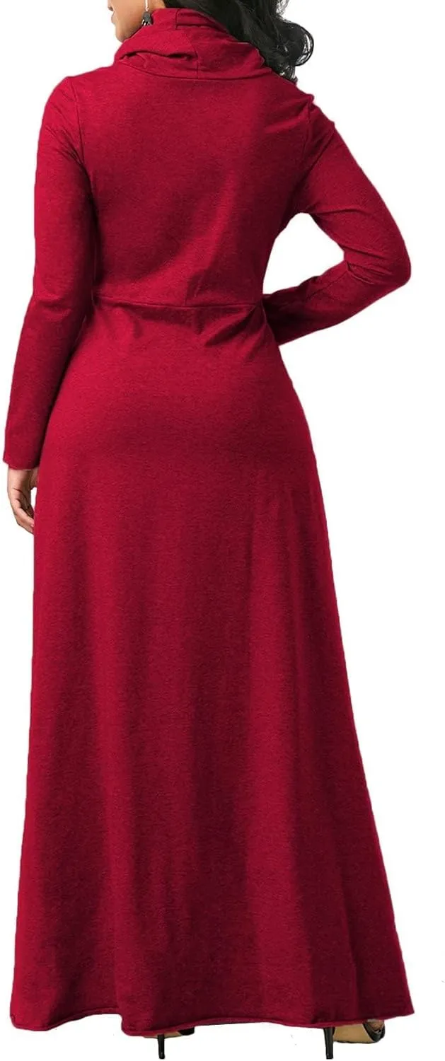 Long Sleeve Hooded Loose Maxi Dress for Women Turtleneck Solid Color Pullover Hoodie Dresses