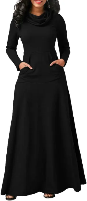 Long Sleeve Hooded Loose Maxi Dress for Women Turtleneck Solid Color Pullover Hoodie Dresses