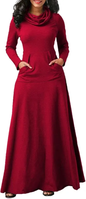 Long Sleeve Hooded Loose Maxi Dress for Women Turtleneck Solid Color Pullover Hoodie Dresses