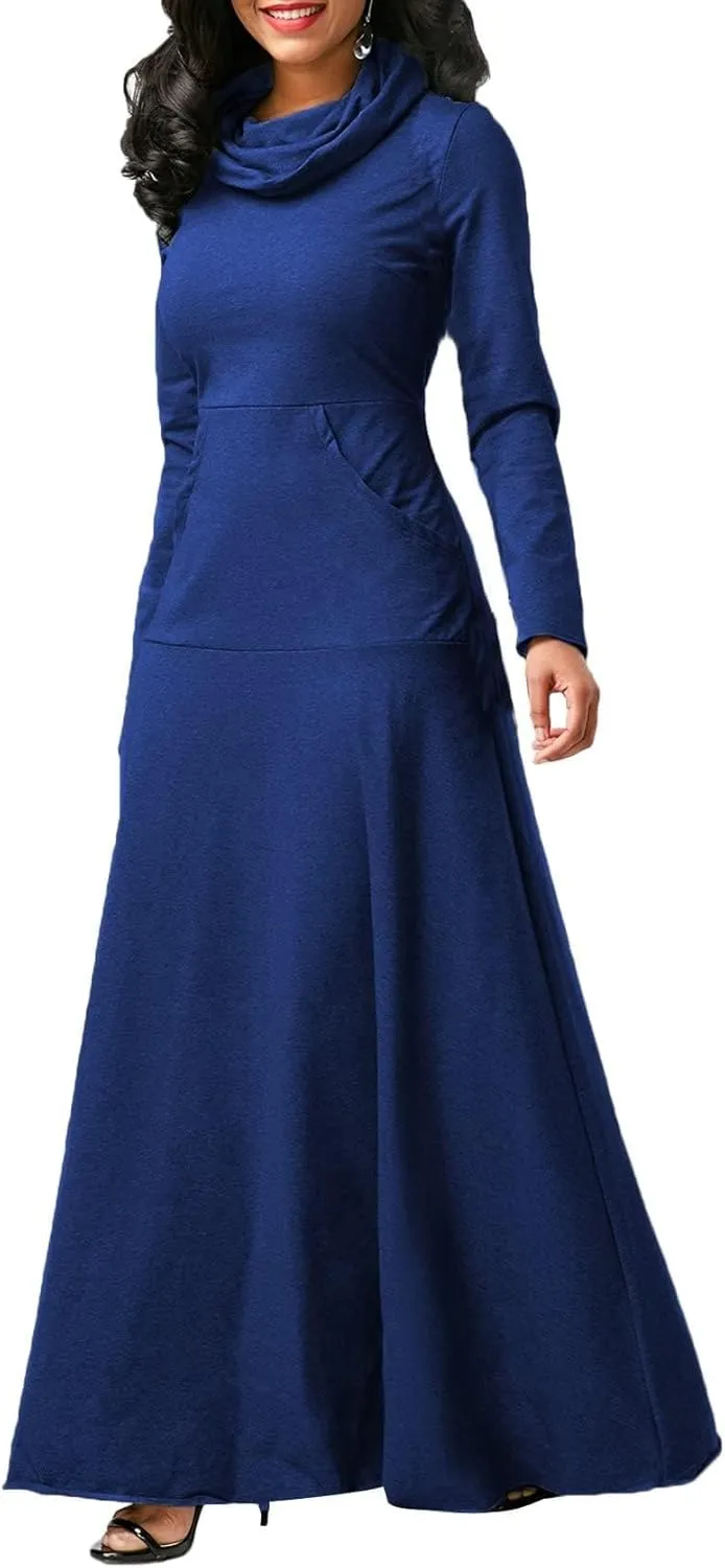 Long Sleeve Hooded Loose Maxi Dress for Women Turtleneck Solid Color Pullover Hoodie Dresses