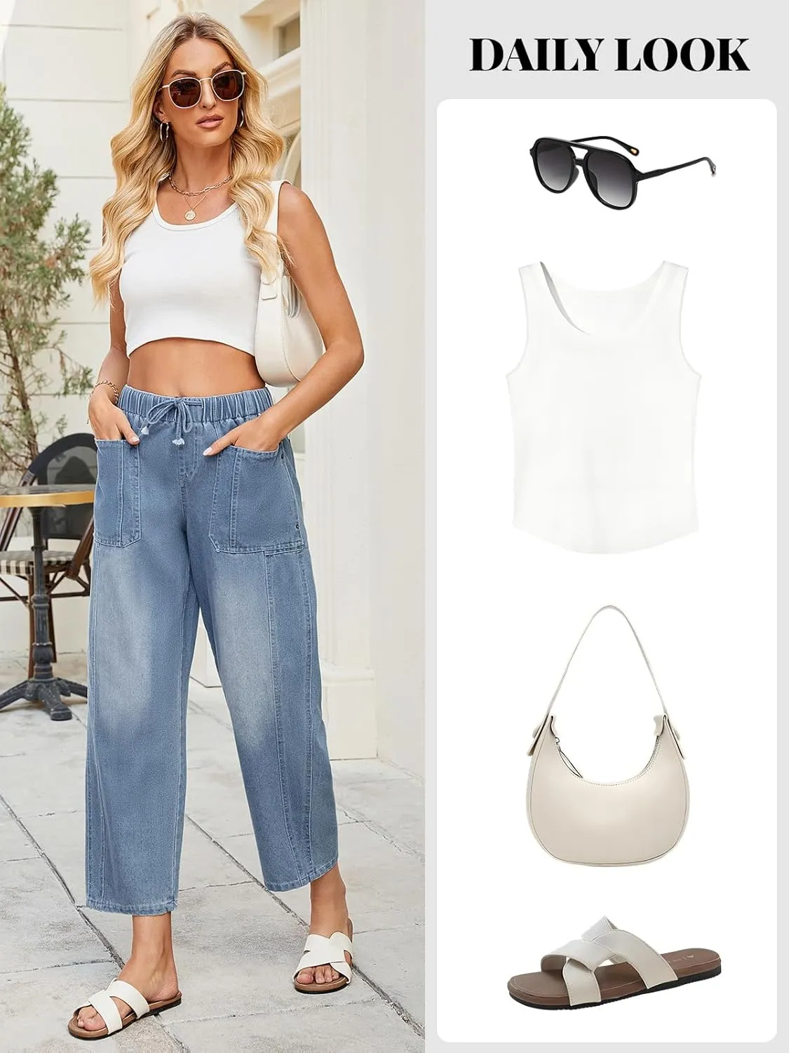LONGBIDA Women's Wide Leg Baggy Jeans Elastic Low Rise Barrel Lightweight Casual Crop Denim Pants with Drawstring