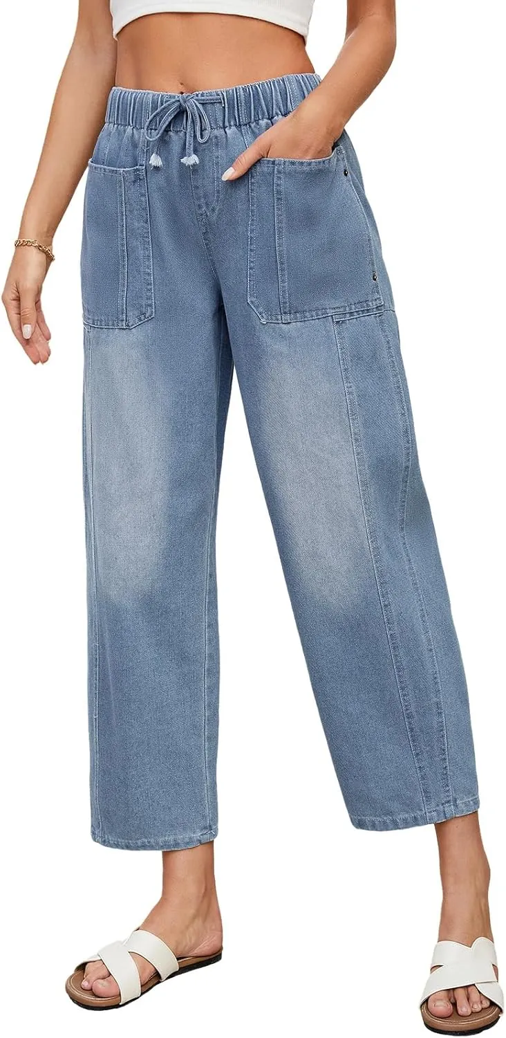 LONGBIDA Women's Wide Leg Baggy Jeans Elastic Low Rise Barrel Lightweight Casual Crop Denim Pants with Drawstring