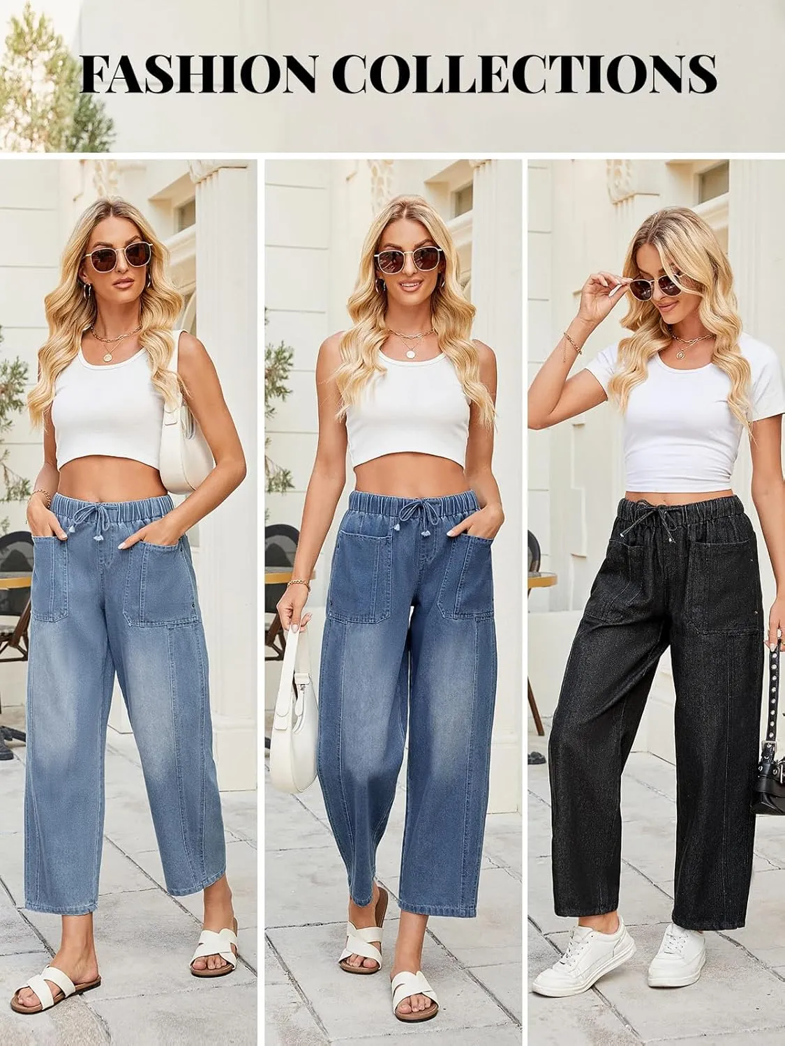 LONGBIDA Women's Wide Leg Baggy Jeans Elastic Low Rise Barrel Lightweight Casual Crop Denim Pants with Drawstring