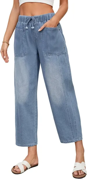 LONGBIDA Women's Wide Leg Baggy Jeans Elastic Low Rise Barrel Lightweight Casual Crop Denim Pants with Drawstring