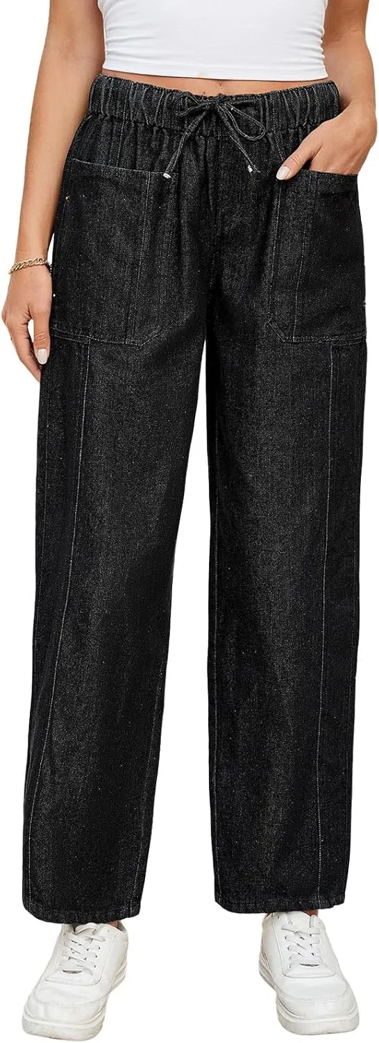 LONGBIDA Women's Wide Leg Baggy Jeans Elastic Low Rise Barrel Lightweight Casual Crop Denim Pants with Drawstring