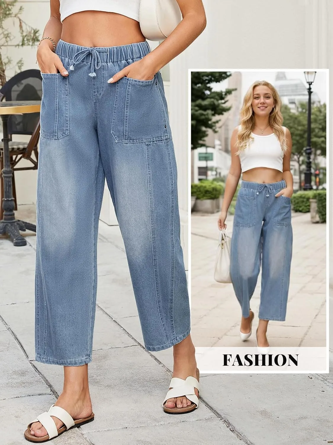 LONGBIDA Women's Wide Leg Baggy Jeans Elastic Low Rise Barrel Lightweight Casual Crop Denim Pants with Drawstring