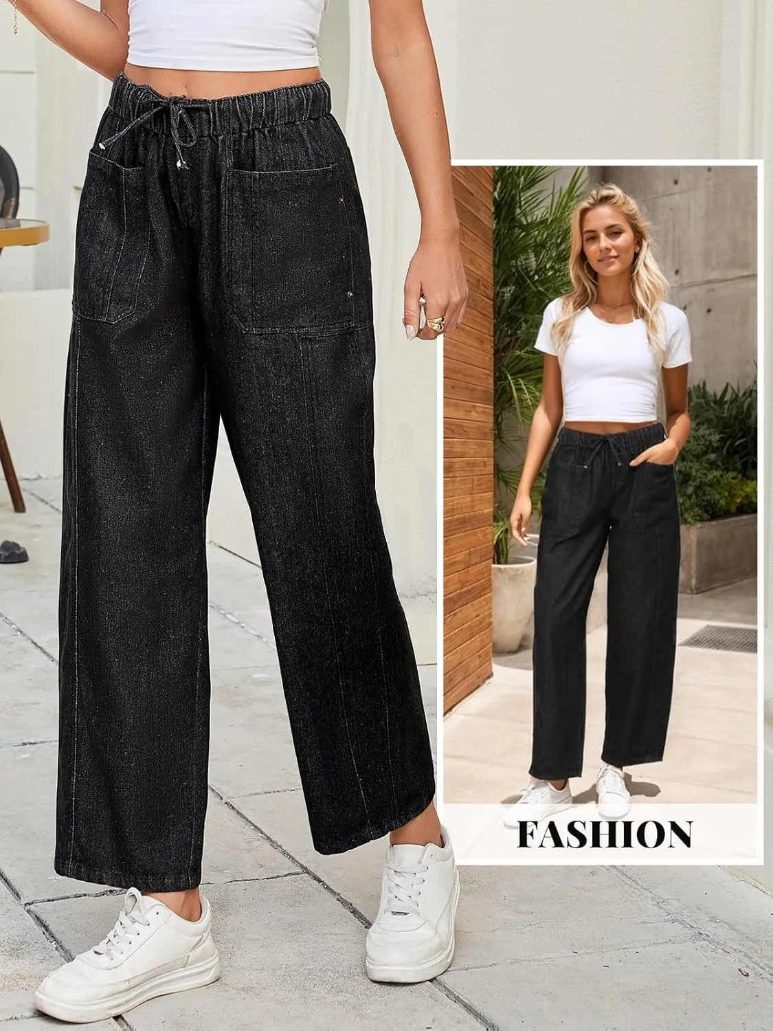 LONGBIDA Women's Wide Leg Baggy Jeans Elastic Low Rise Barrel Lightweight Casual Crop Denim Pants with Drawstring