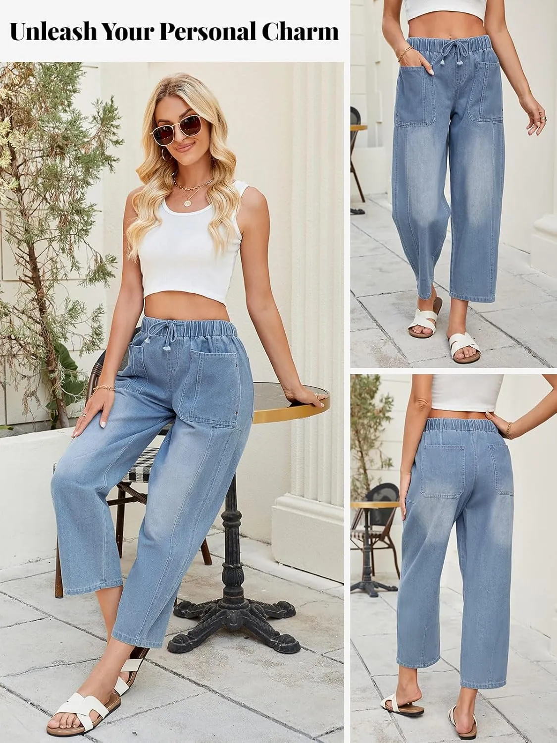 LONGBIDA Women's Wide Leg Baggy Jeans Elastic Low Rise Barrel Lightweight Casual Crop Denim Pants with Drawstring