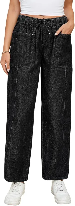 LONGBIDA Women's Wide Leg Baggy Jeans Elastic Low Rise Barrel Lightweight Casual Crop Denim Pants with Drawstring