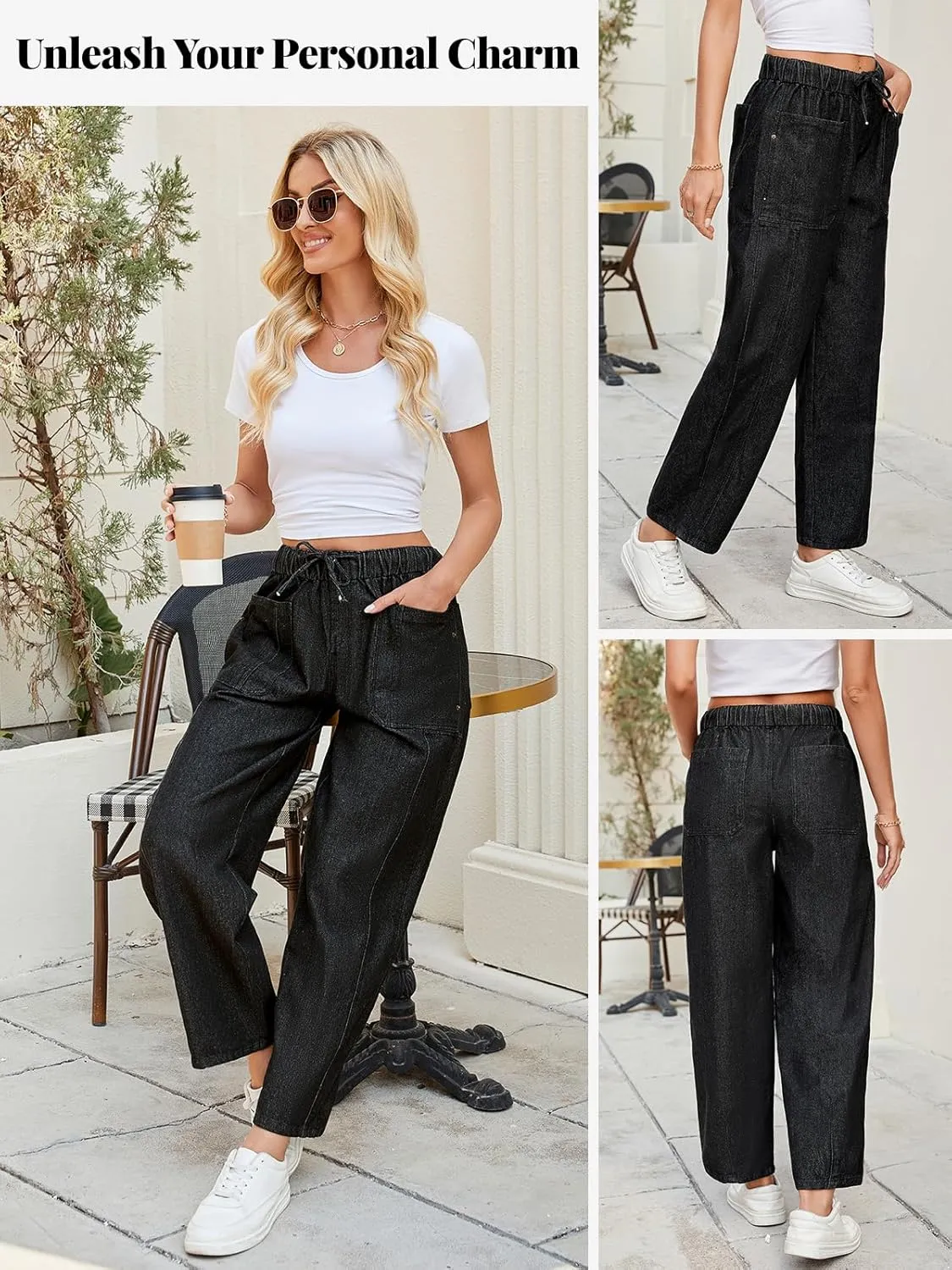 LONGBIDA Women's Wide Leg Baggy Jeans Elastic Low Rise Barrel Lightweight Casual Crop Denim Pants with Drawstring