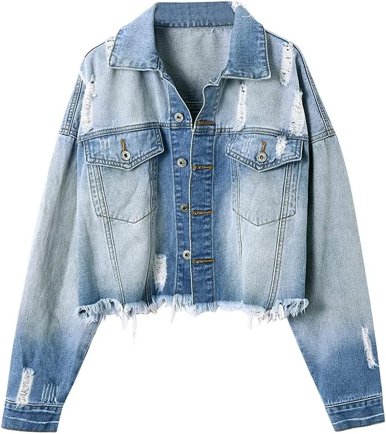 LONGYIDA Women's Jean Jacket Cropped Distressed Denim Jacket Long Sleeve Button Down Jean Jacket For Women
