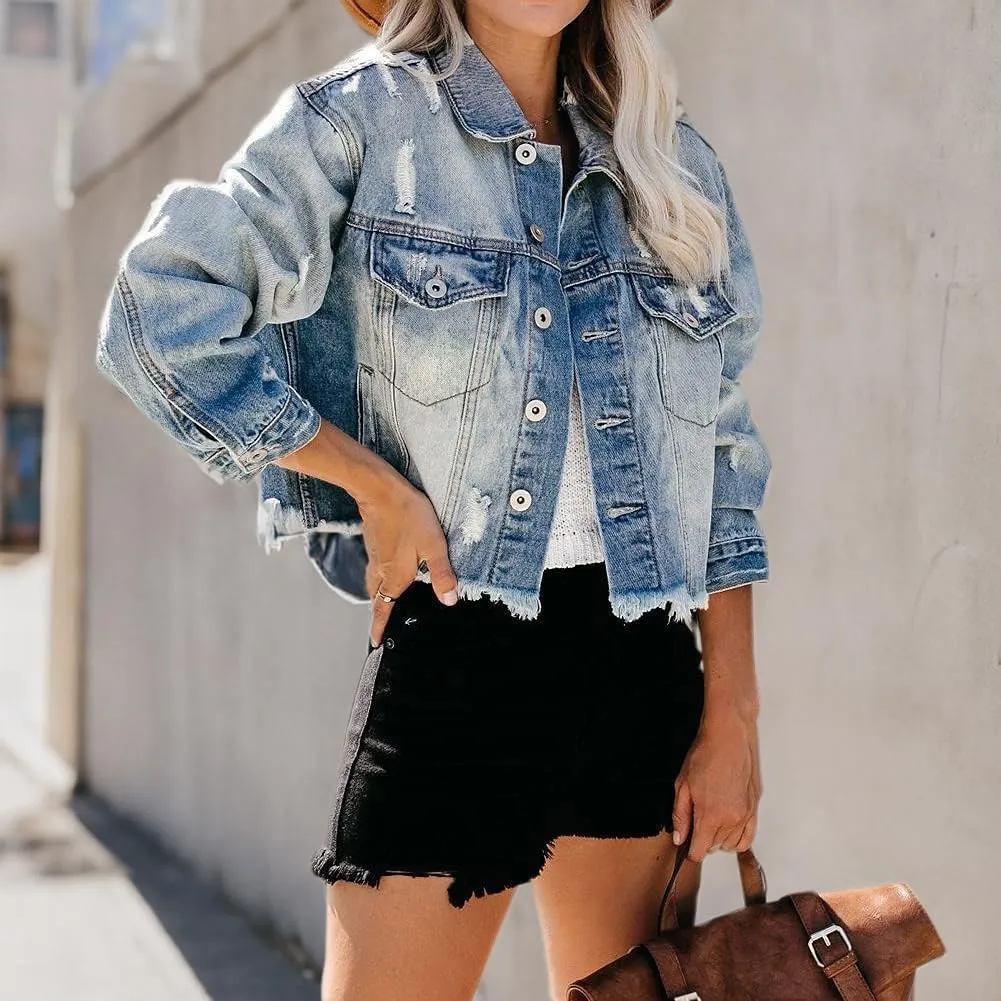 LONGYIDA Women's Jean Jacket Cropped Distressed Denim Jacket Long Sleeve Button Down Jean Jacket For Women
