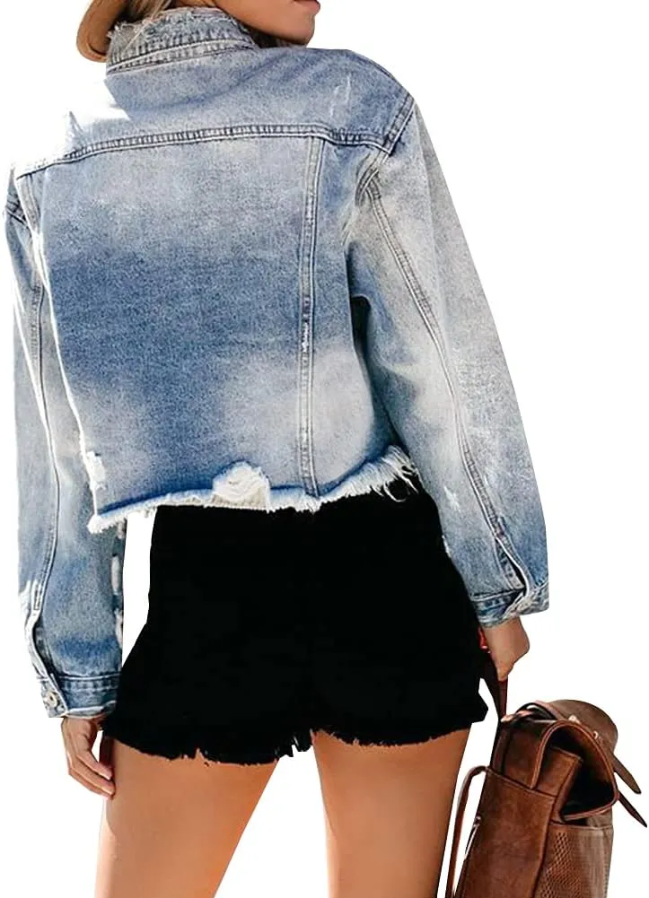 LONGYIDA Women's Jean Jacket Cropped Distressed Denim Jacket Long Sleeve Button Down Jean Jacket For Women