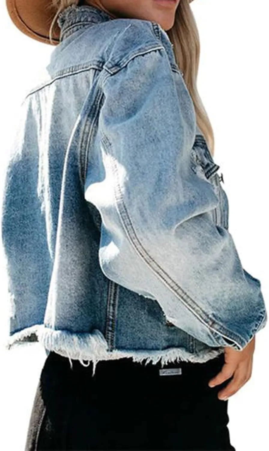LONGYIDA Women's Jean Jacket Cropped Distressed Denim Jacket Long Sleeve Button Down Jean Jacket For Women