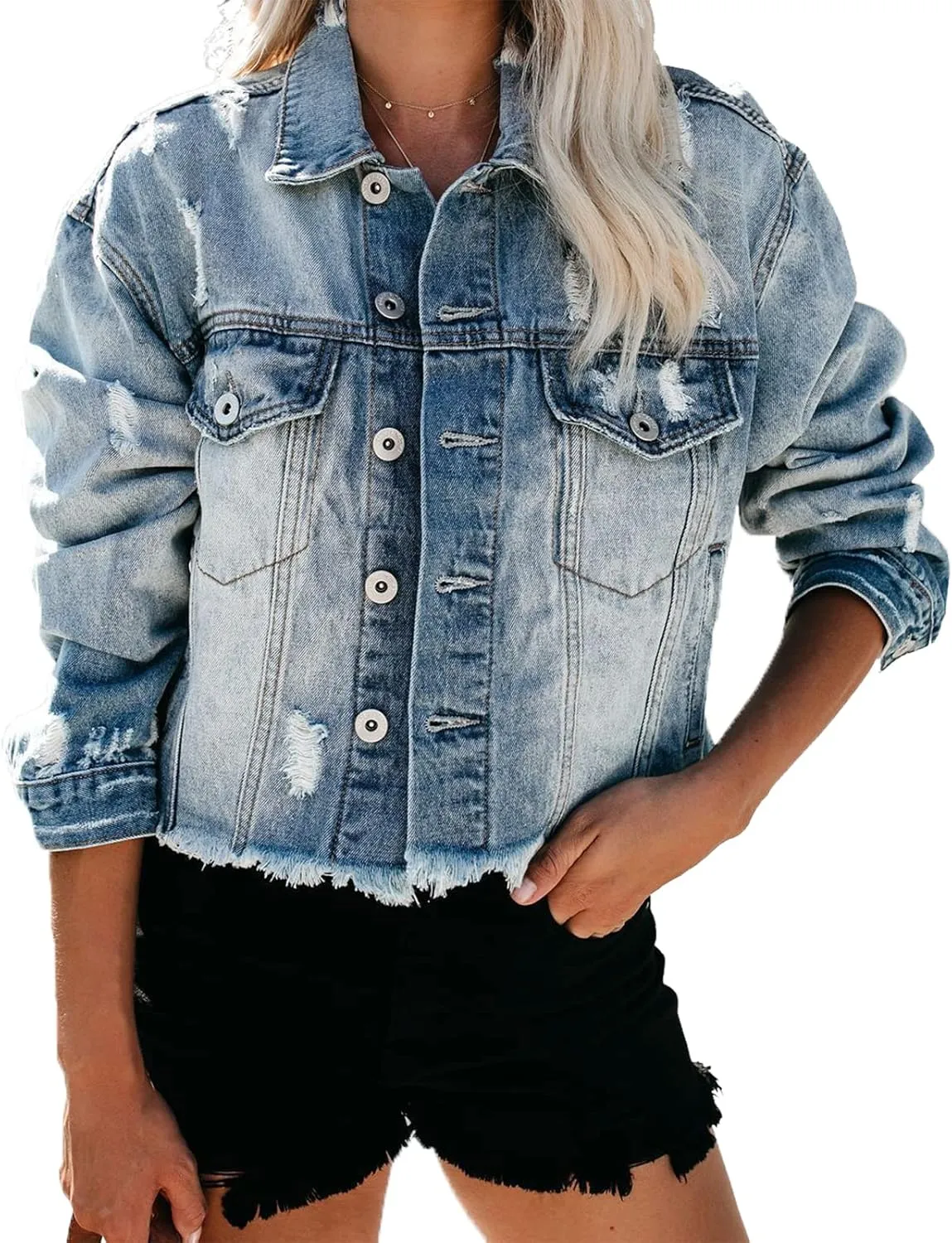 LONGYIDA Women's Jean Jacket Cropped Distressed Denim Jacket Long Sleeve Button Down Jean Jacket For Women