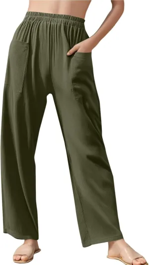 Loose Linen Pants for Women Summer High Waisted Wide Legged Pants Palazzo Pant Travel Trouser Pant with Pockets