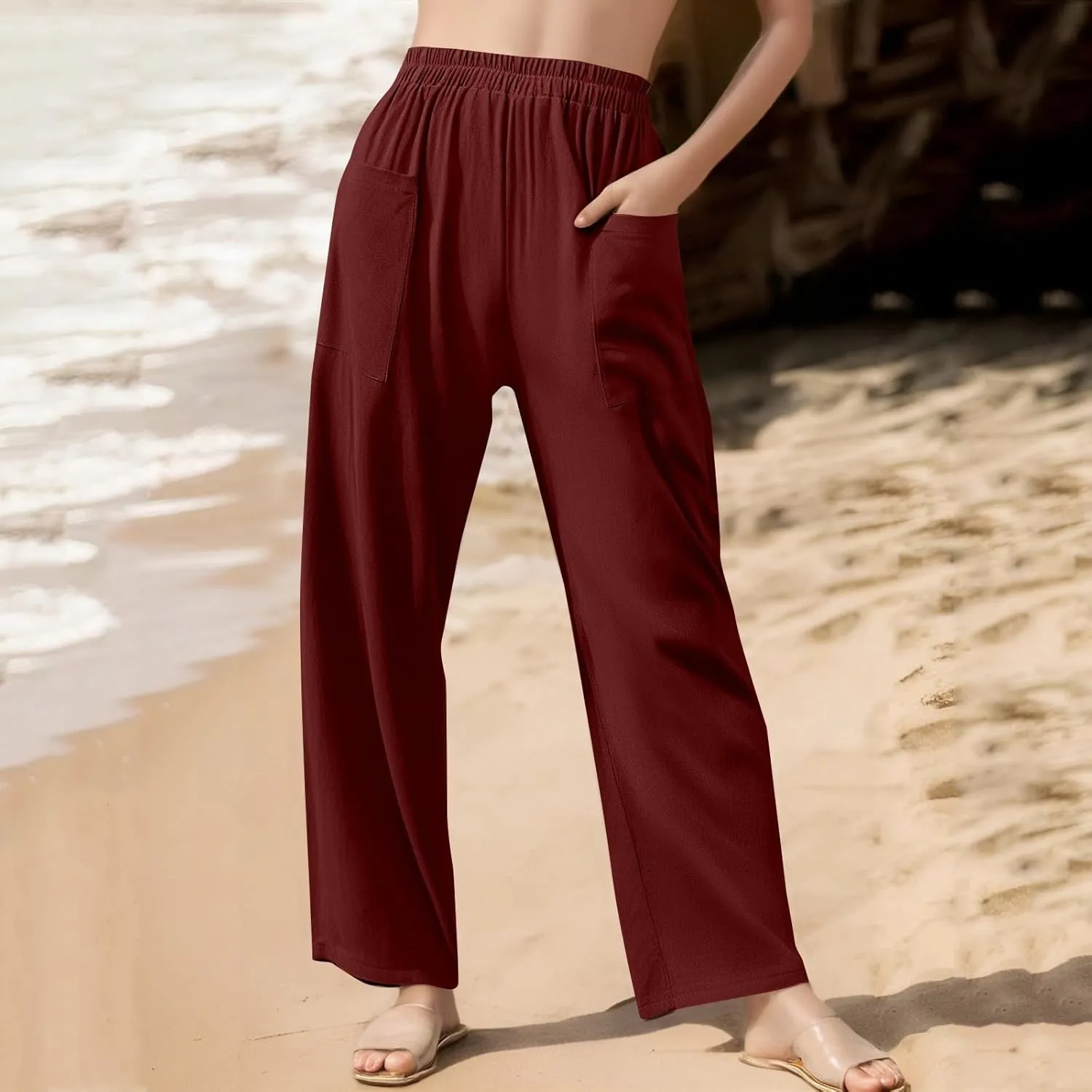 Loose Linen Pants for Women Summer High Waisted Wide Legged Pants Palazzo Pant Travel Trouser Pant with Pockets