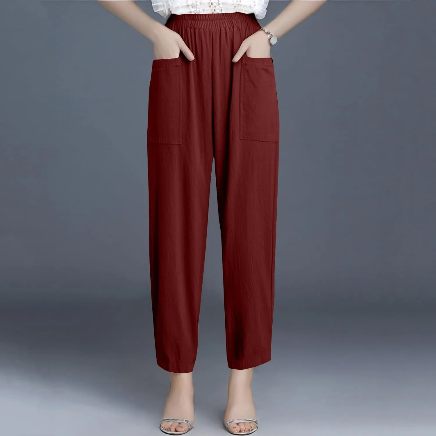 Loose Linen Pants for Women Summer High Waisted Wide Legged Pants Palazzo Pant Travel Trouser Pant with Pockets