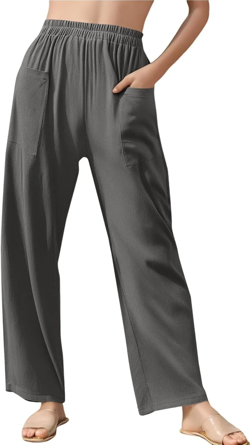 Loose Linen Pants for Women Summer High Waisted Wide Legged Pants Palazzo Pant Travel Trouser Pant with Pockets