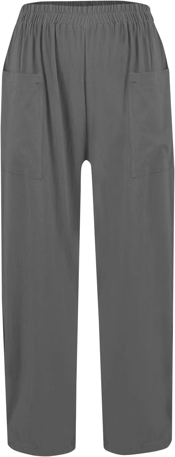 Loose Linen Pants for Women Summer High Waisted Wide Legged Pants Palazzo Pant Travel Trouser Pant with Pockets