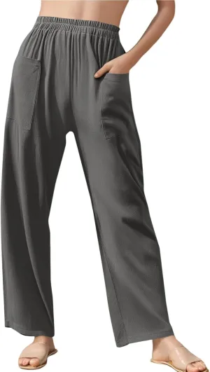 Loose Linen Pants for Women Summer High Waisted Wide Legged Pants Palazzo Pant Travel Trouser Pant with Pockets
