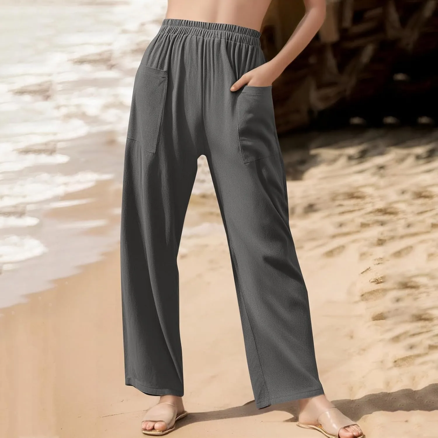 Loose Linen Pants for Women Summer High Waisted Wide Legged Pants Palazzo Pant Travel Trouser Pant with Pockets