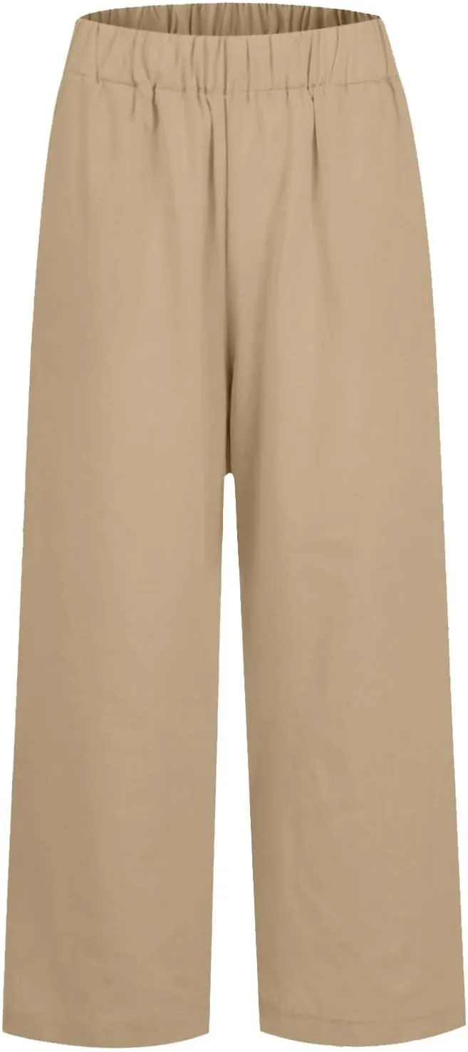 Lounge Pants for Women Casual Cotton Linen Summer Wide Leg Drawstring High Waist Cropped Trouser Vacation Outfits