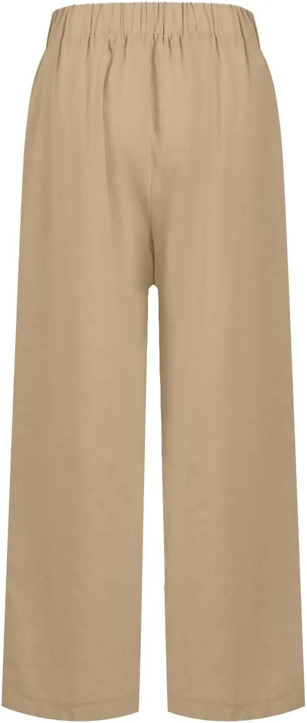 Lounge Pants for Women Casual Cotton Linen Summer Wide Leg Drawstring High Waist Cropped Trouser Vacation Outfits