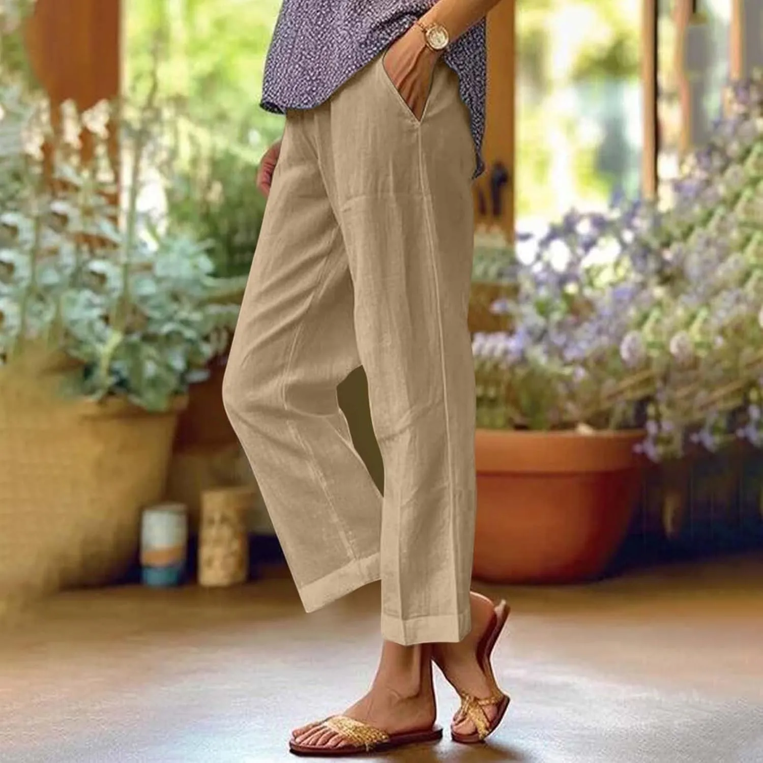 Lounge Pants for Women Casual Cotton Linen Summer Wide Leg Drawstring High Waist Cropped Trouser Vacation Outfits