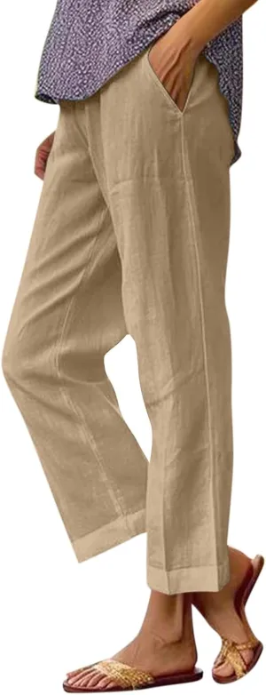 Lounge Pants for Women Casual Cotton Linen Summer Wide Leg Drawstring High Waist Cropped Trouser Vacation Outfits