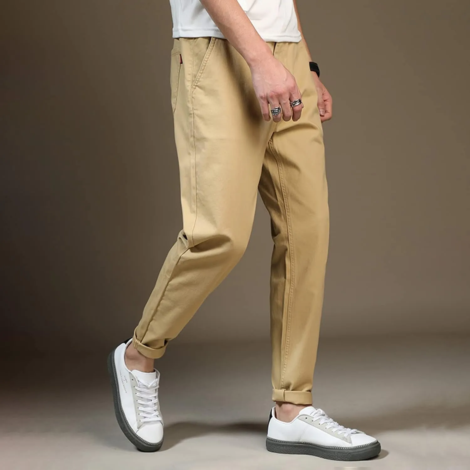Lu's Chic Men's Chino Pants Cotton Lightweight Stretch Cuffed Slim Fit Tapered Fitted Trousers Casual Pants Streetwear