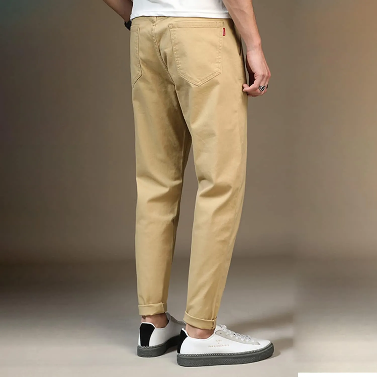 Lu's Chic Men's Chino Pants Cotton Lightweight Stretch Cuffed Slim Fit Tapered Fitted Trousers Casual Pants Streetwear