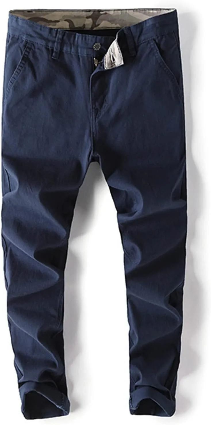 Lu's Chic Men's Chino Pants Cotton Lightweight Stretch Cuffed Slim Fit Tapered Fitted Trousers Casual Pants Streetwear