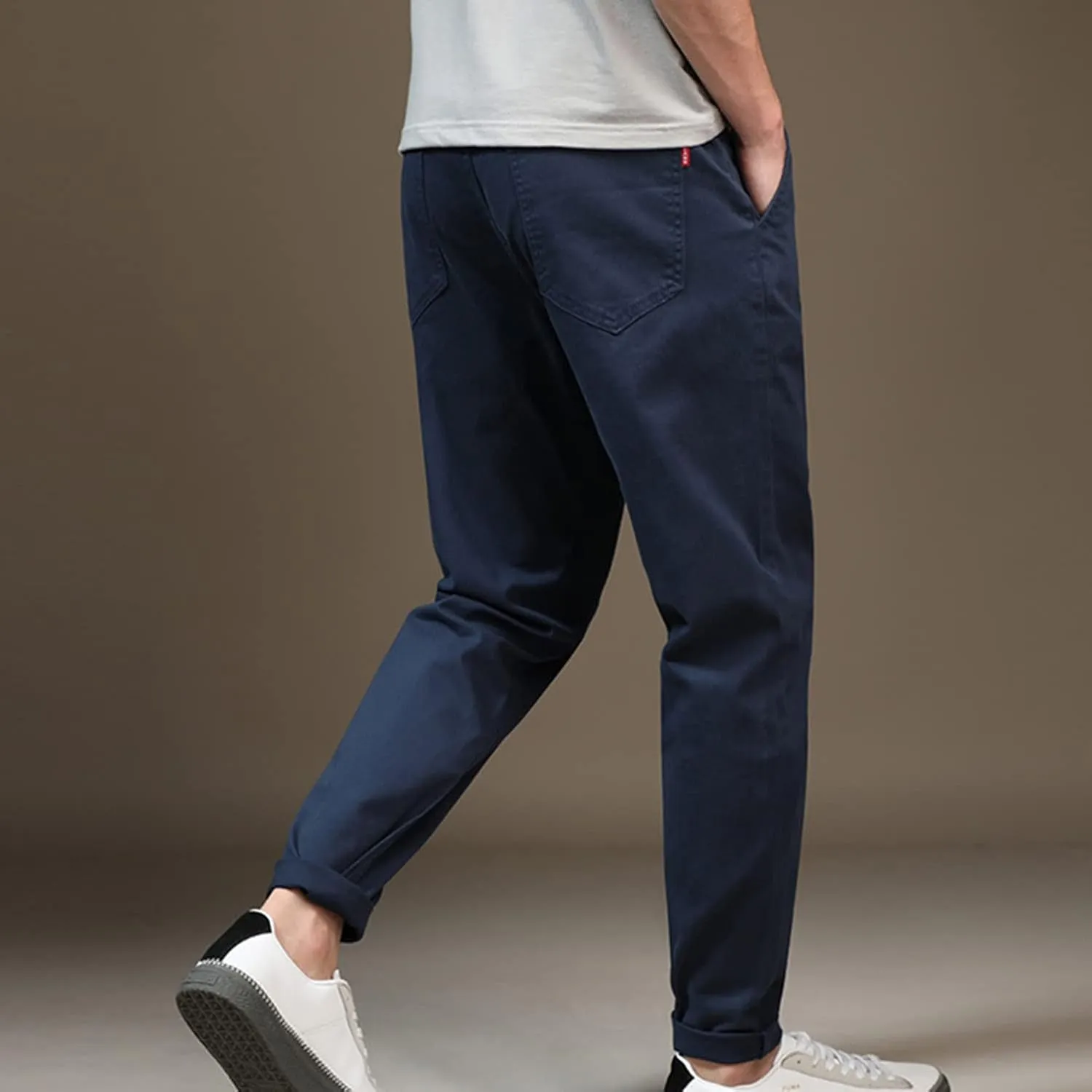 Lu's Chic Men's Chino Pants Cotton Lightweight Stretch Cuffed Slim Fit Tapered Fitted Trousers Casual Pants Streetwear