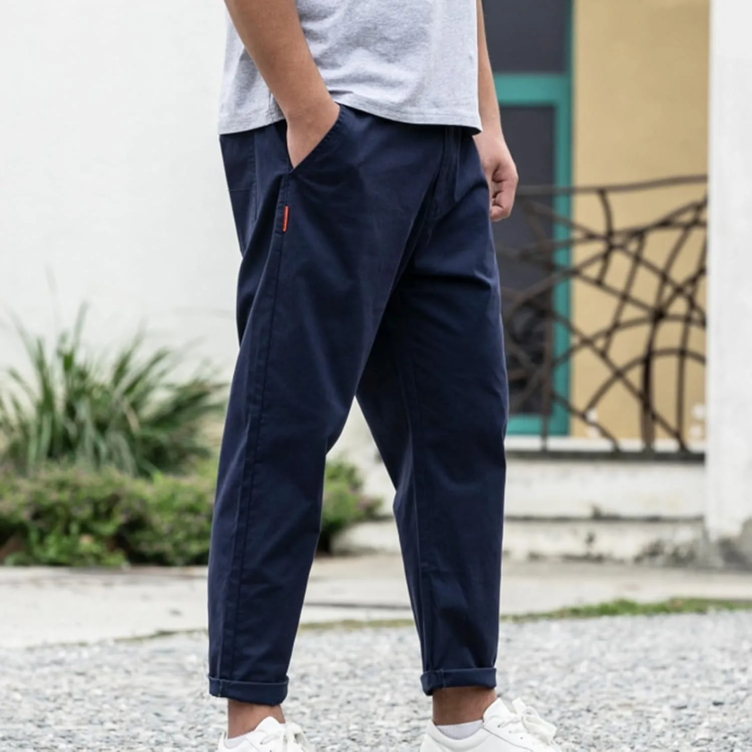 Lu's Chic Men's Tapered Chino Pants Cotton Slim Fit Ankle Length Slacks Casual Dress Pants Comfy Harem Capri Trousers
