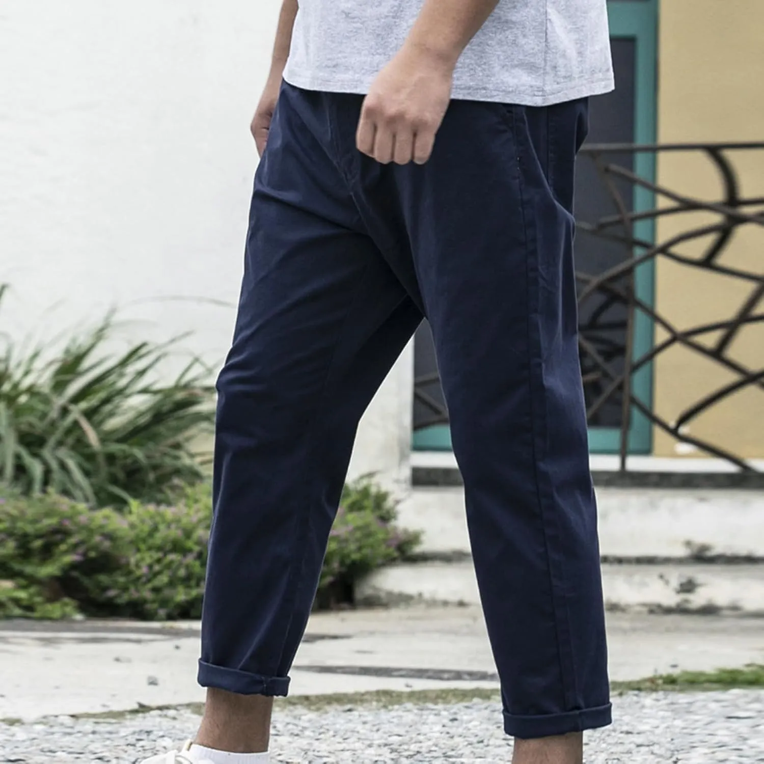 Lu's Chic Men's Tapered Chino Pants Cotton Slim Fit Ankle Length Slacks Casual Dress Pants Comfy Harem Capri Trousers