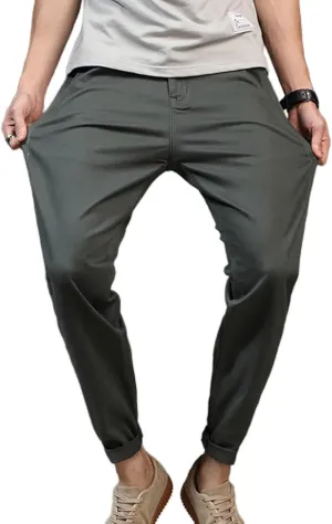 Lu's Chic Men's Tapered Chino Pants Cotton Slim Fit Ankle Length Slacks Casual Dress Pants Comfy Harem Capri Trousers